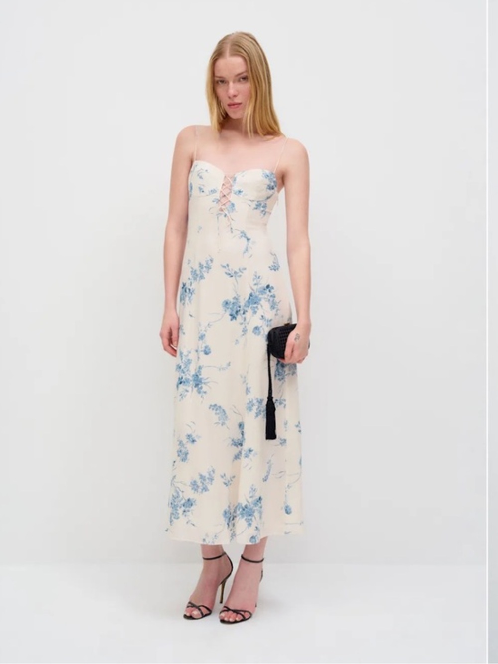 NWT Reformation Dress Blue Floral Ivory Midi Dress Sweetheart Neck Wedding
Guest